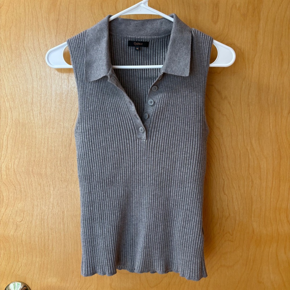 Quince Eco-Knit Polo Sweater Tank Women M Heather Grey Ribbed Sleeveless Collar